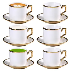 Luxury Electroplated Gold-Trim European Coffee Set (6 Cups & Saucers) - 90ml Elegant Ceramic for Home Cafe & Gifting