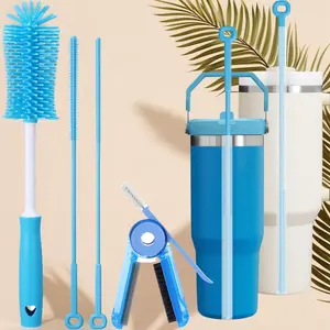 4 PCS Water Bottle Cleaner Brush Set for Stanley Tumbler 40oz/30oz/20oz, Multifunctional Bottle Brush & Long Silicone Straw Cleaner, Cleaning Kit for Owala & Yeti Cup Accessories
