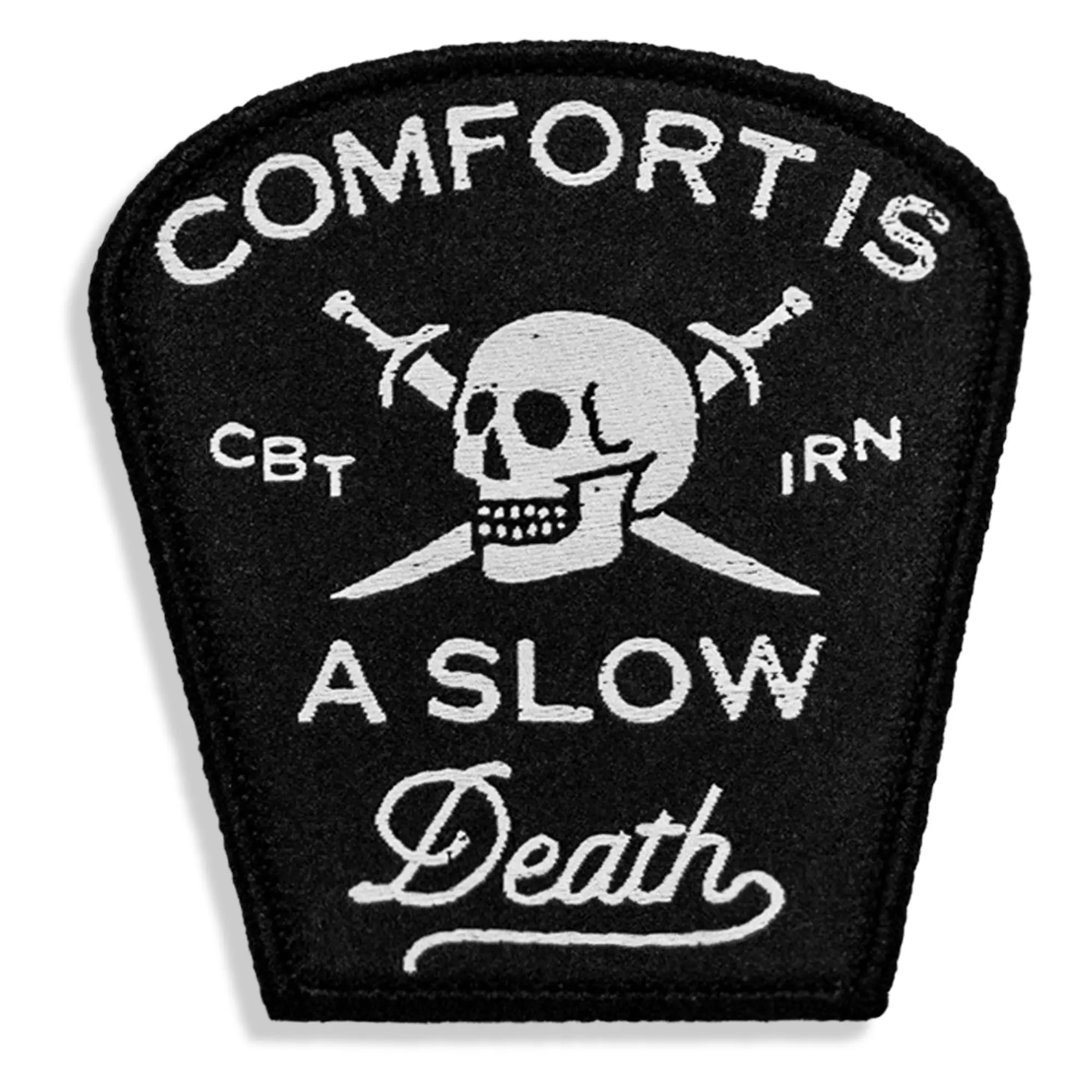 "Comfort Is a Slow Death" Heavy-Duty Embroidered Combat Iron Gear Velcro Patch - Pre-Stitched, Hook & Loop Lock In, Crisp Detailing, Fade-Resistant, Holds on Carriers, Suitable for Plate Carrier/Ruck, Car Interior Decoration Accessory