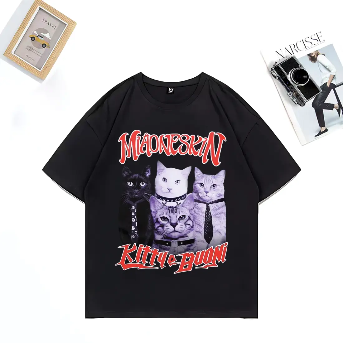 Rock Band Maneskin eurovision song funny cat Graphics T Shirt Unisex Hip Hop streetwear Cotton Men's Casual short sleeve t shirt
