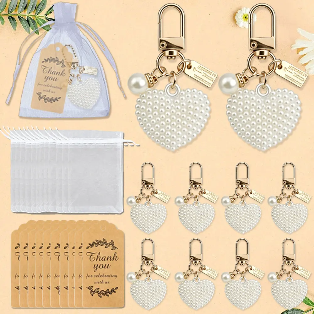 12 Pack Pearl Heart Keychain Gift Set - Large Imitation Pearl Heart Keyrings with Organza Bags & Cards, Elegant Bulk Gifts for Wedding Party Bridesmaid Christmas Thanksgiving