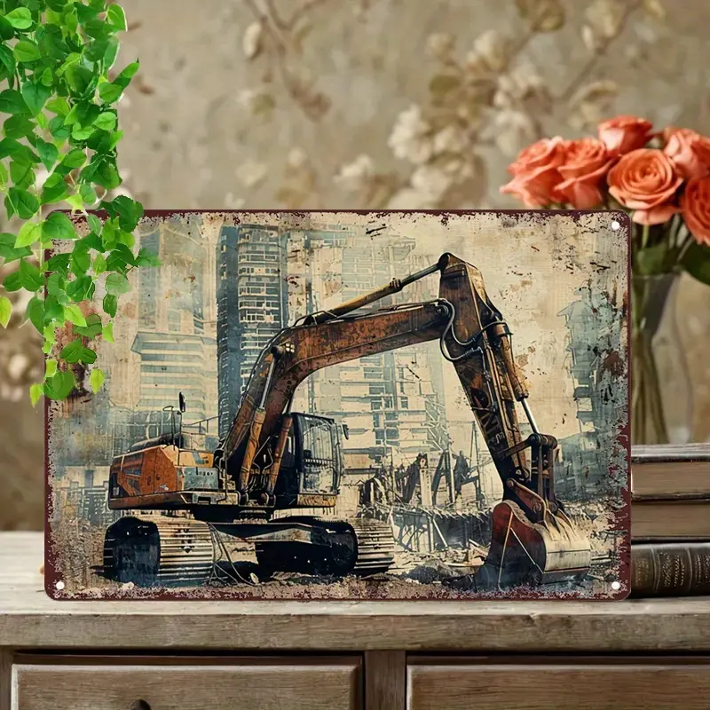 Vintage bulldozer iron metal tin sign, 7.87x11.81inch retro construction theme wall art decor for home, garage, pub-industrial poster plaque