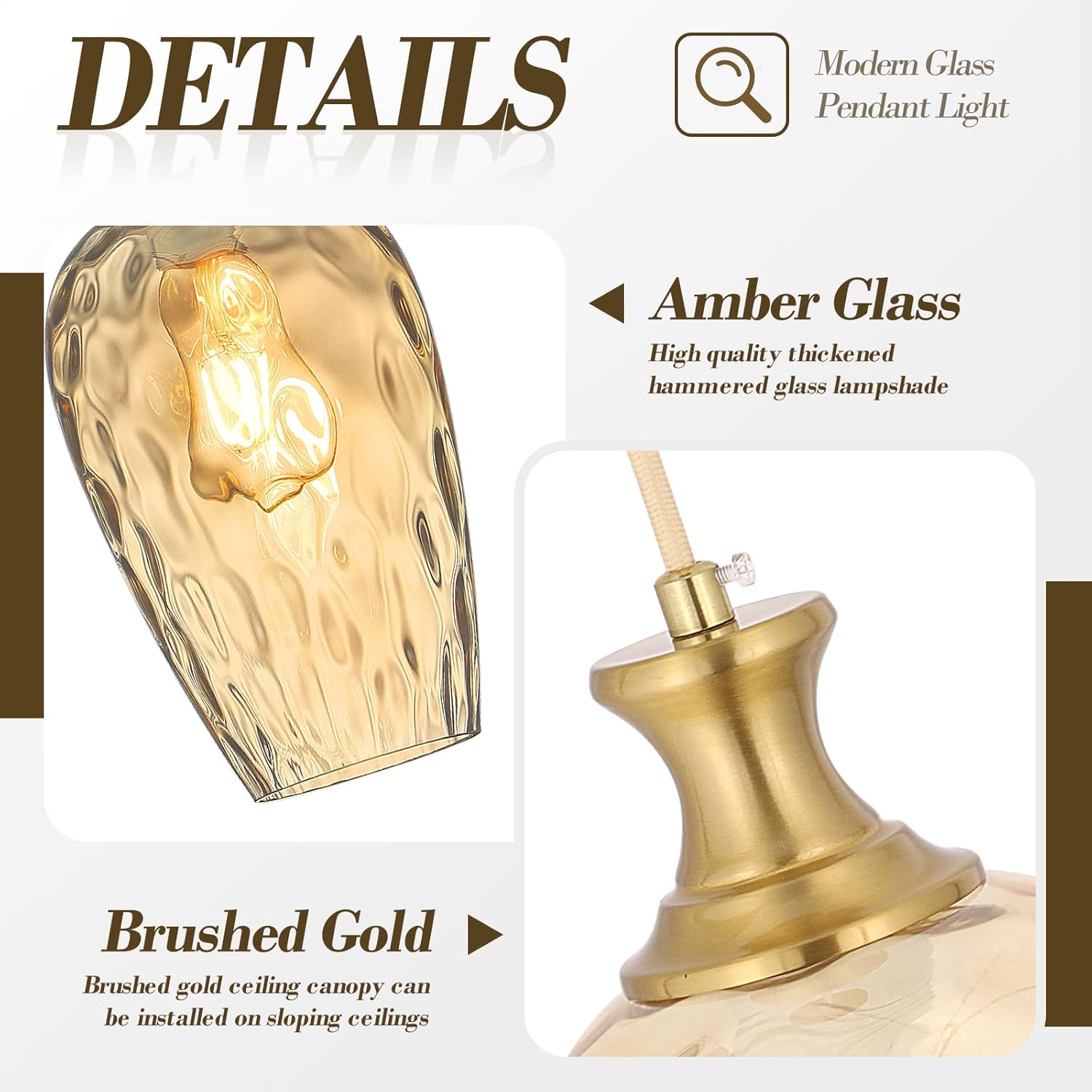 Glass Pendant Lights Kitchen Island, 1-Light Gold Pendant Light Fixtures with Hammered Amber Glass Vintage Hanging Light for Kitchen Sink Dining Room Bedroom