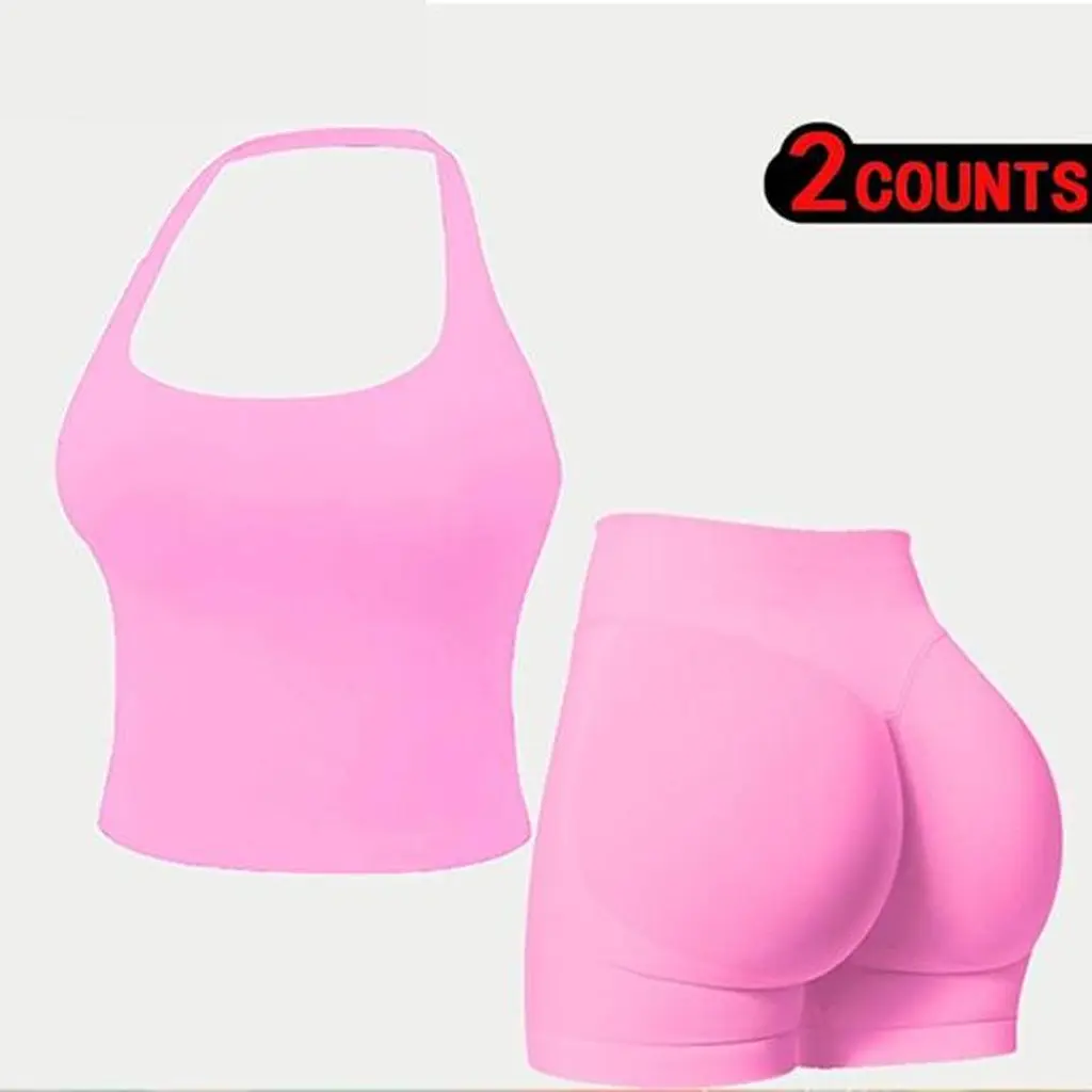 [SIZE UP 1] DEEFY Two-Piece Suit Impact Halter Top & Impact Shorts Fitness Yoga Sports Women Activewear Gym Outdoor Tank Tops Hidden Scrunch Butt Lifting Gymwear Shorts Womenswear