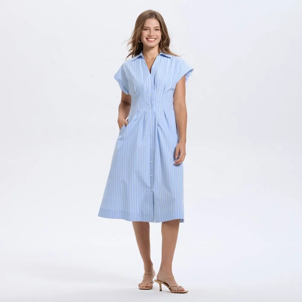 Women's Short Sleeve Pleated Midi Shirtdress - A