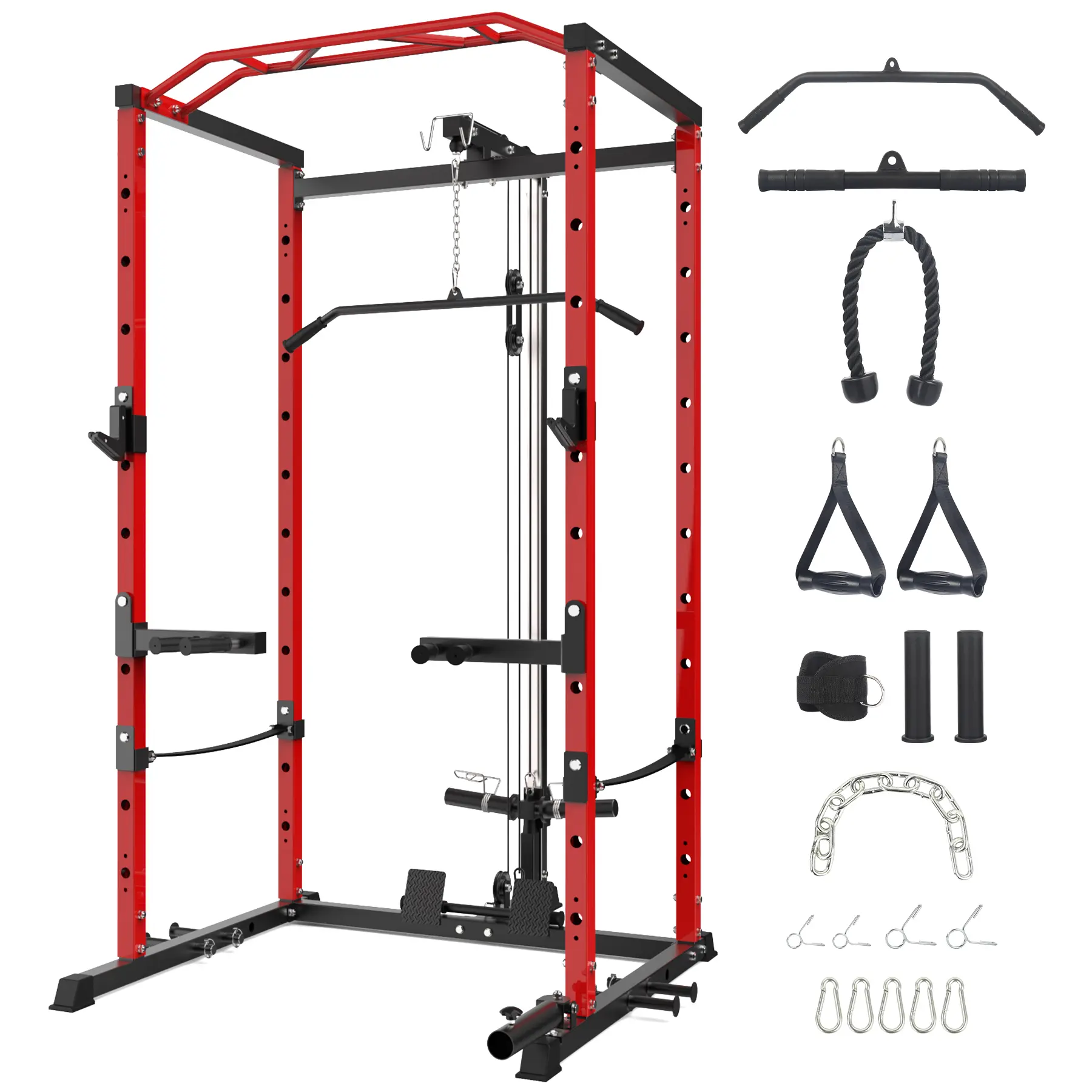 Heavy-Duty Power Cage Squat Rack, Black/Red Steel Strength Workout Equipment for Home Gym Weight Training, 1600LBS Capacity with LAT Pulldown System