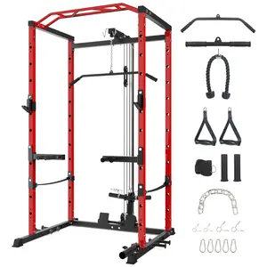 Heavy-Duty 1600LBS Power Cage Squat Rack for Home Gym – Multi-Functional Strength Training Equipment – Adjustable J-Hooks, LAT Pulldown, Dip Bars, Cable Pulley, Landmine – Black/Red