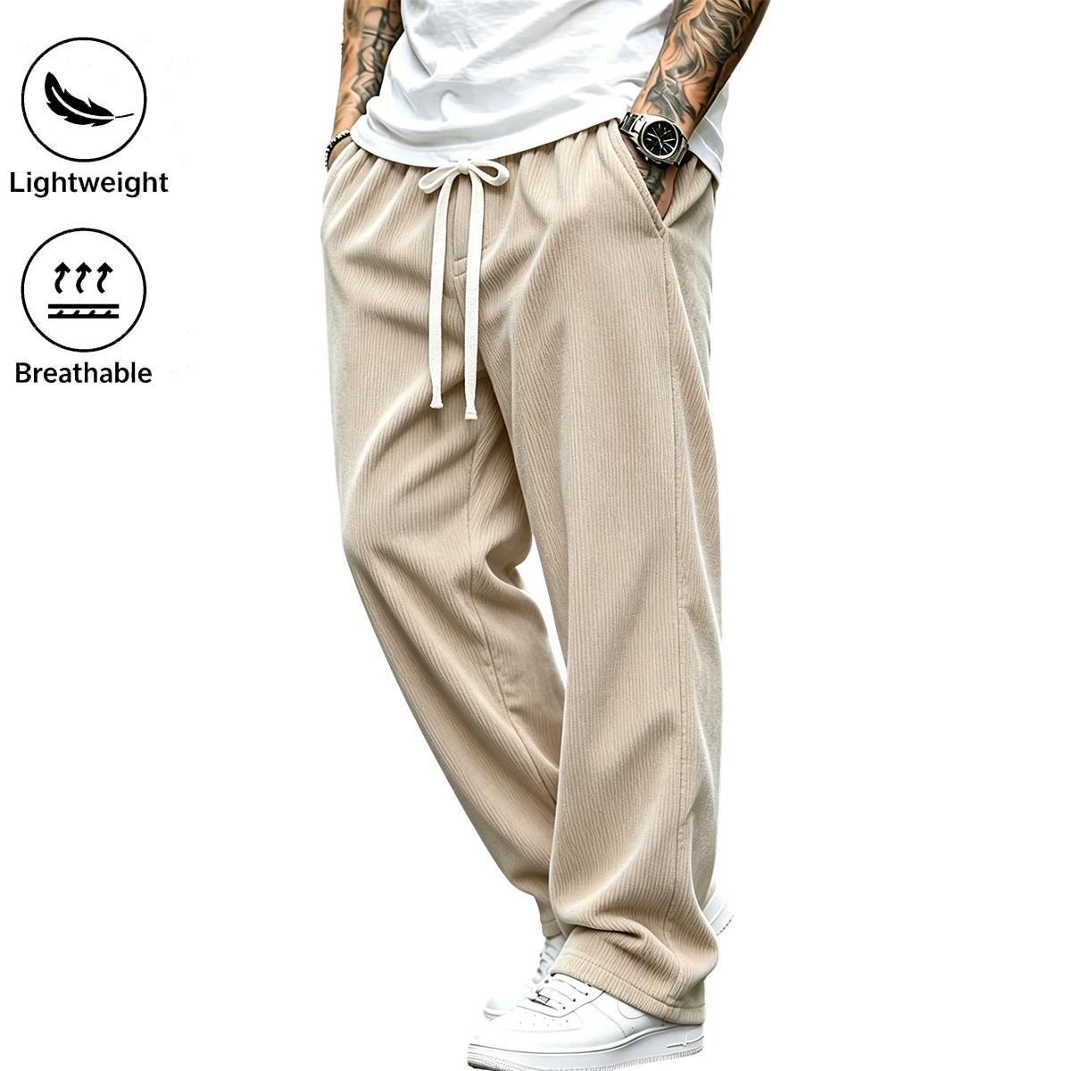 High-end corduroy long pants for men, new for autumn/winter; straight-leg sweatpants with a fluid drape and relaxed fit, wide-leg sports-casual trousers in solid colors with drawstring and pockets; breathable and comfortable, suitable for everyday activit