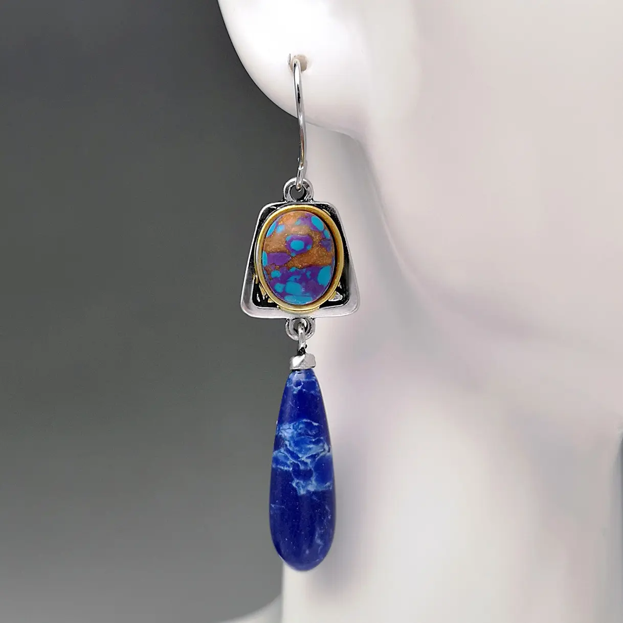 Boho Teardrop Earrings - Colorful Purple Stone & Blue Teardrop Jewelry for Women Stylish Bohemian Hook Earrings with Unique Design Trendy Fashionable Accessories Trendy Jewellery Accessories