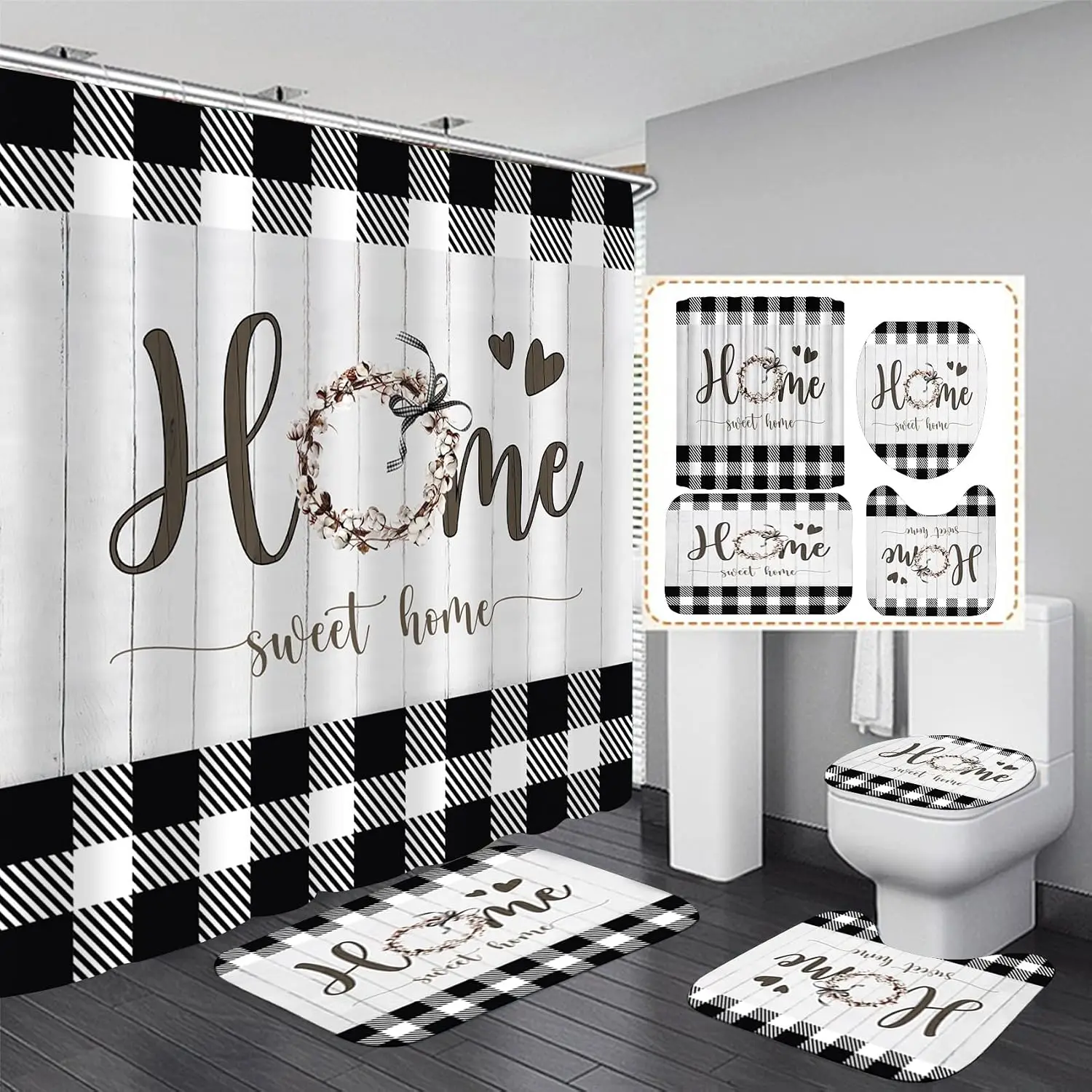LQCOOL Black and White Shower Curtain Set Home Sweet Home Bathroom Sets with Rugs,Rustic Plaid Bathroom Shower Curtain Set with Carpet Bath Mat Toilet Rugs