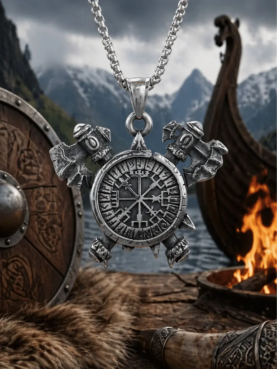 The Armored Kingdom Viking Odin Axe Trinity Knot Shield Pendant Necklace-Stainless Steel-Durable-Viking-Medieval-Jewelry