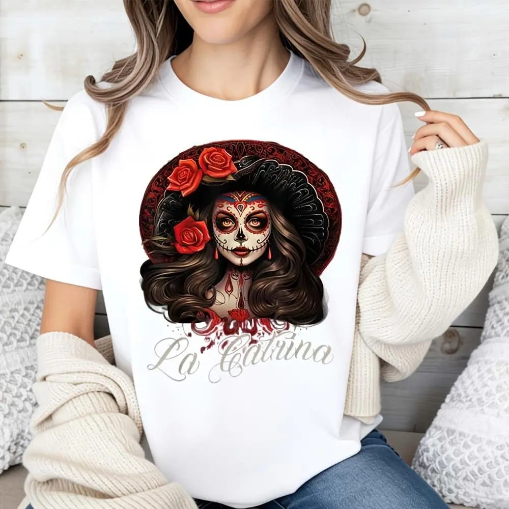 Graphic Style, Women's T-Shirt, La Catrina Sugar Skull And Roses Design, Casual Summer Wear, Gift For Day Of The Dead Enthusiasts