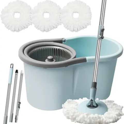 360° Spin Mop and Bucket System with Wringer, 50" Reach Rotating Tool with Extended Handle, 3 Microfiber Mop Heads, Replacement Head Option for Home Hard Floor Cleaning, 360° Spin Mops