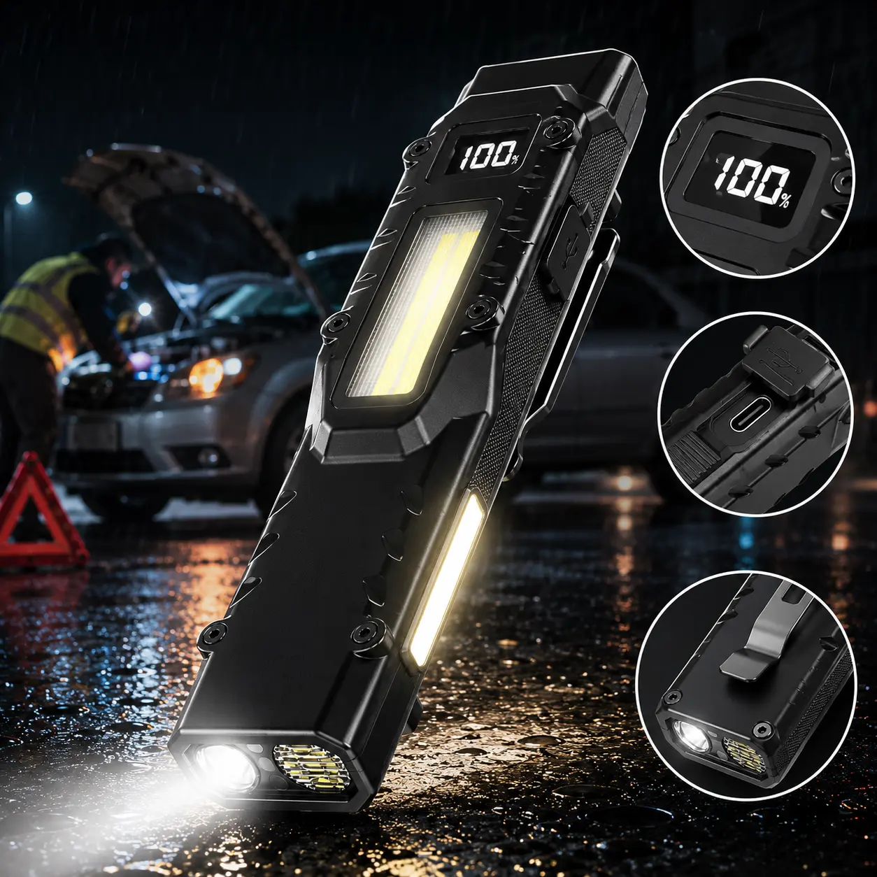 Rechargeable EDC Tactical Flashlight - 1500 Lumens Dual Lighting, 9 Modes, Red/Blue Warning Lights, LCD Battery Display, USB-C Charging/Discharging, Sturdy Waterproof, Metal Clip - Ideal for Outdoor Camping, Car Repairs