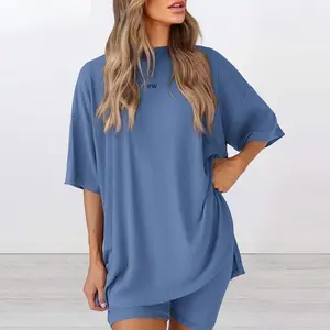 Women's Summer Two-Piece Set 2025  Casual Oversized Shirts Biker Shorts Matching Airport Travel Outfit Split Hem Lounge green  dress  zahide Men's Breathable Quick-Dry Compression T-Shirts t shirtdress