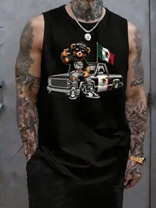 Mexican Bear Pikachu Print Sleeveless Vest, Men's Sporty Tank Top, Fun Cartoon Design, Breathable Sweat-Wicking, Street Style, Sports Vests