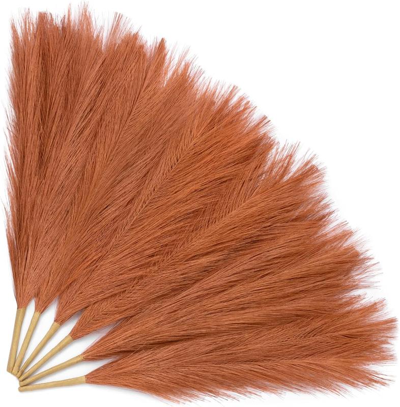 Pampas Grass Decor 17.7 Inch 6 Pcs Orange Faux Burnt Orange Pampas Fall Boho Decor for Home Living Room Decor