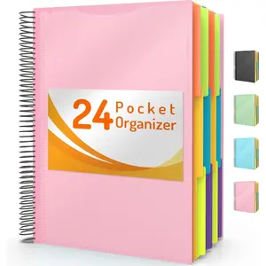 24 Pocket Project Organizer, 1/3-cut Tab Binder Organizer with Sticky Labels, Multi Pocket Folder with Zipper Pouch, Spiral Pocket Notebook Folder Binder, Practical Office Supplies