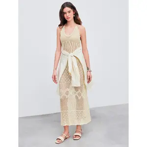 Cider [size 2-10] Knitted Halter Solid Backless See-through Maxi Dress SwimWeek