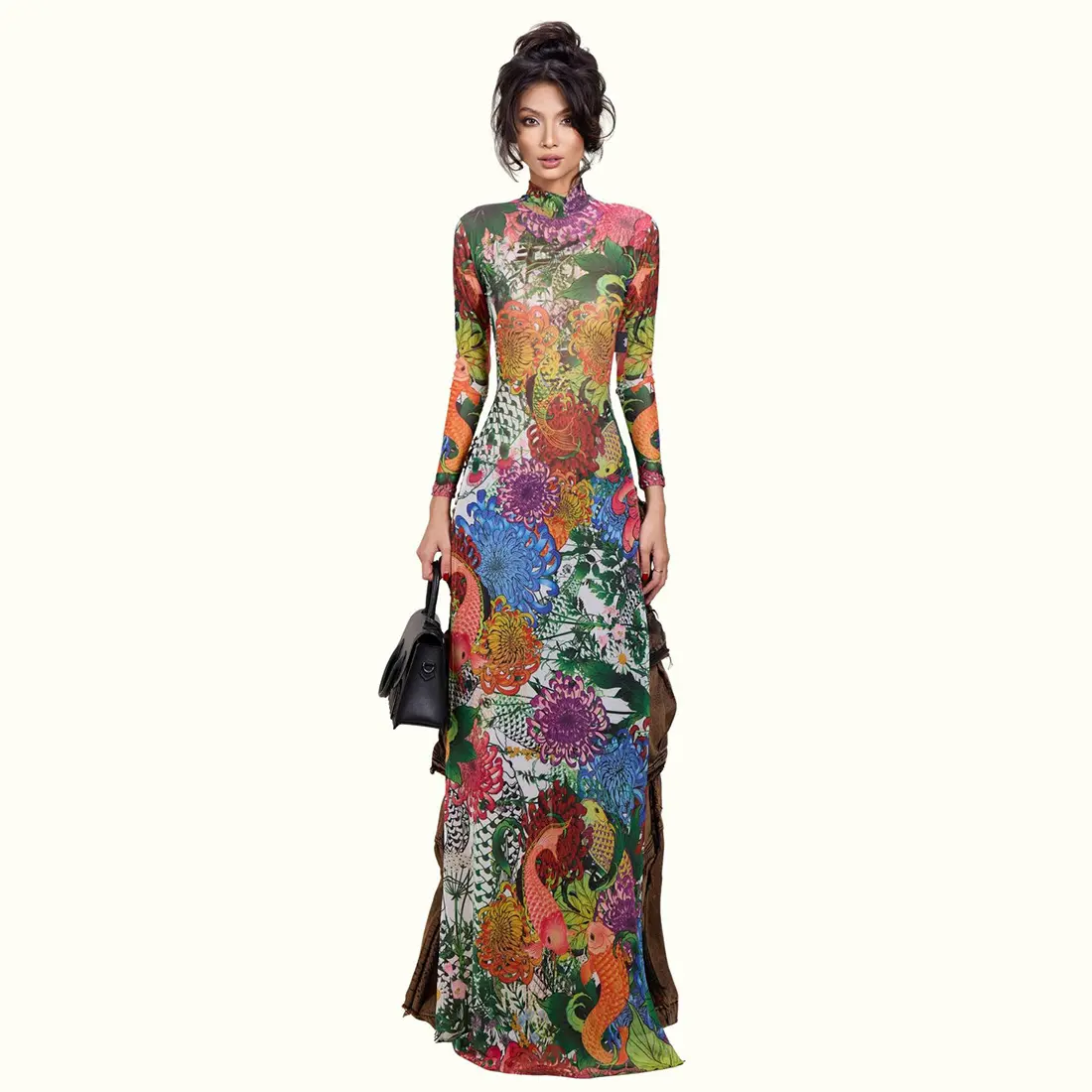 Women's Casual 2-Piece Set, Lady Long Sleeve Outfit with Plant Print Mock Neck High Slit Top and Leggings, Matching Activewear Set