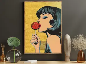Pop Art Woman With Lollipop Canvas Print, Retro Comic Style Poster, Vibrant Yellow Background Wall Art Decor