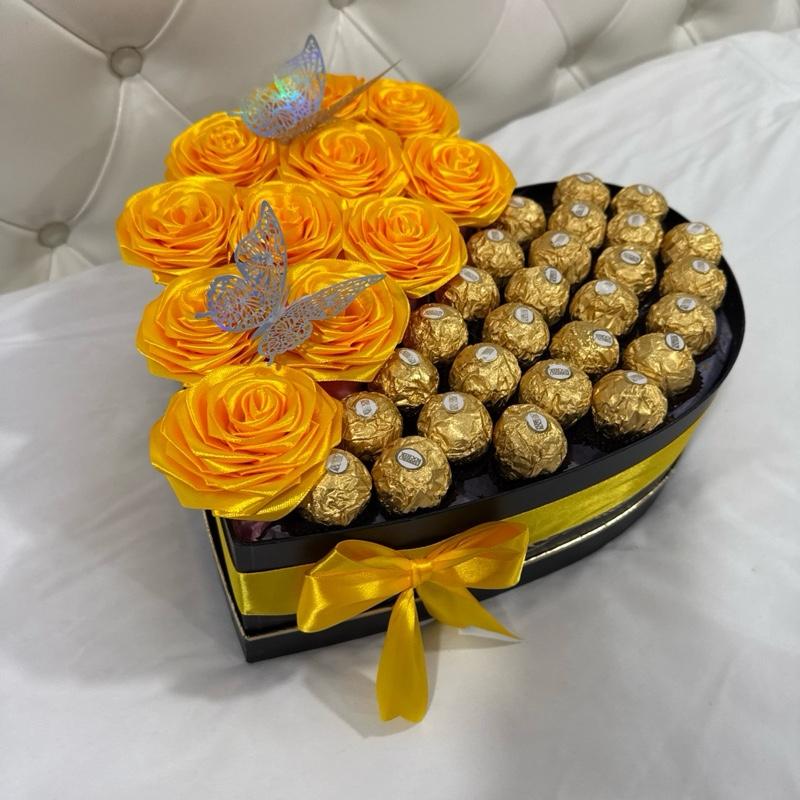 Luxury Heart Box with Ferrero - Yellow Roses, Gold Ferrero Chocolates, Butterfly Accents, Elegant Floral Design