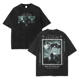 Retro Limited Skyrim T-Shirt, Dragonborn Alduin Battle Oversized Tee, Heavyweight Washed Cotton, RPG Game Merch, Casual Streetwear Fabric Menswear