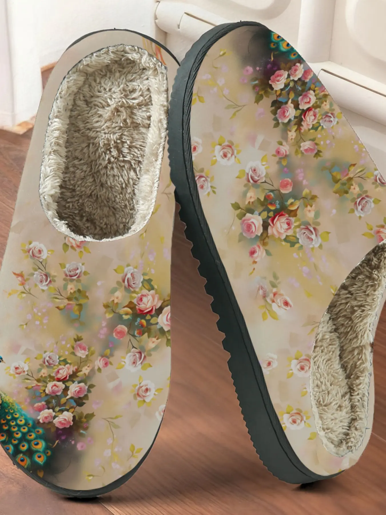 Vintage Floral Peacock Print Cotton Slippers, Elegant Retro Style, Plush Lined Anti-Slip Thick Sole, Home Use Men Women Fall Winter Warm Shoes