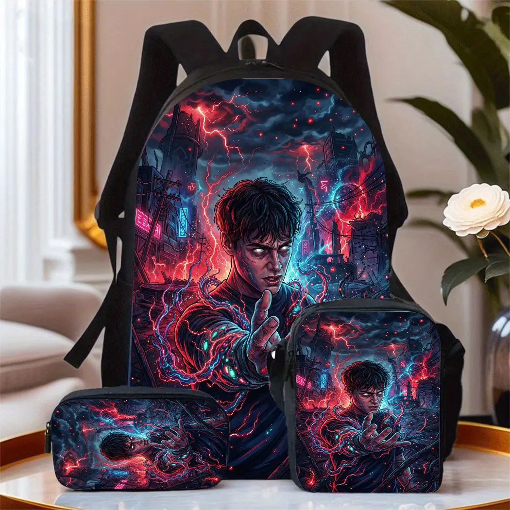 Cyberpunk Superhero Print 3PCS Backpack Set, Cool Neon Lightning Cityscape School Backpack with Lunch Box & Pencil Case, Lightweight Durable Daypack for Teens, Ideal Sci-Fi Style School Supplies Gift