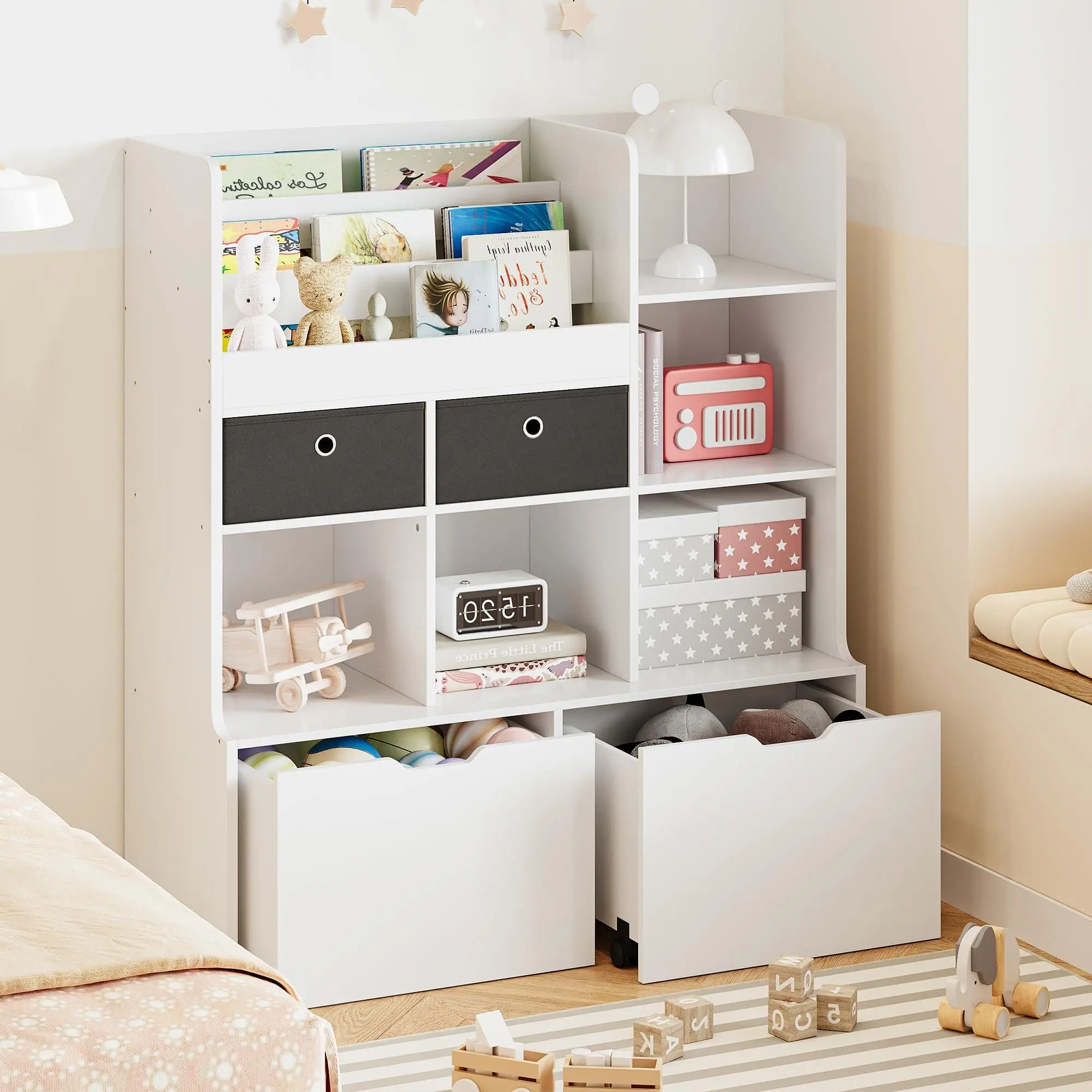 Toy Storage Organizer 47.8" Kids Bookshelf with Drawers, Modern Wooden Bookcase with Cubbies and Floor Storage Cabinet, Toy Chest for Playroom, Classroom, Nursery, Kids Room