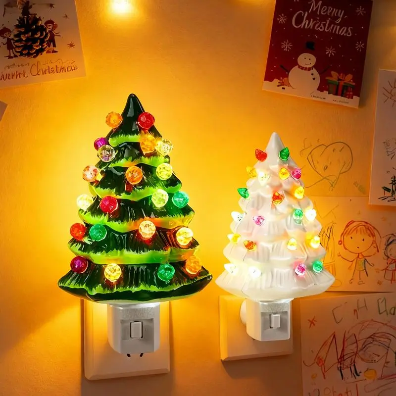 Christmas Tree Night Light Resin Decoration Lamp with Colorful Bulbs, 360-Degree Rotating Plug and Built-In Switch, perfect for Home, Bathroom, and Bedroom Decor — an Indoor Decorative Light that adds festive charm and warm holiday ambiance