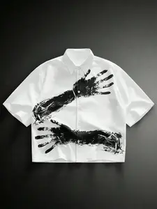 1 Piece Men's Short Sleeve Casual Shirt Gothic Dark Streetwear Handprint Graphic Print White Loose Button Down for Daily Street Fashion Wear