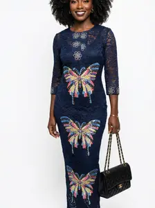 AWA Navy Net Lace Butterfly Embellished Maxi Dress
