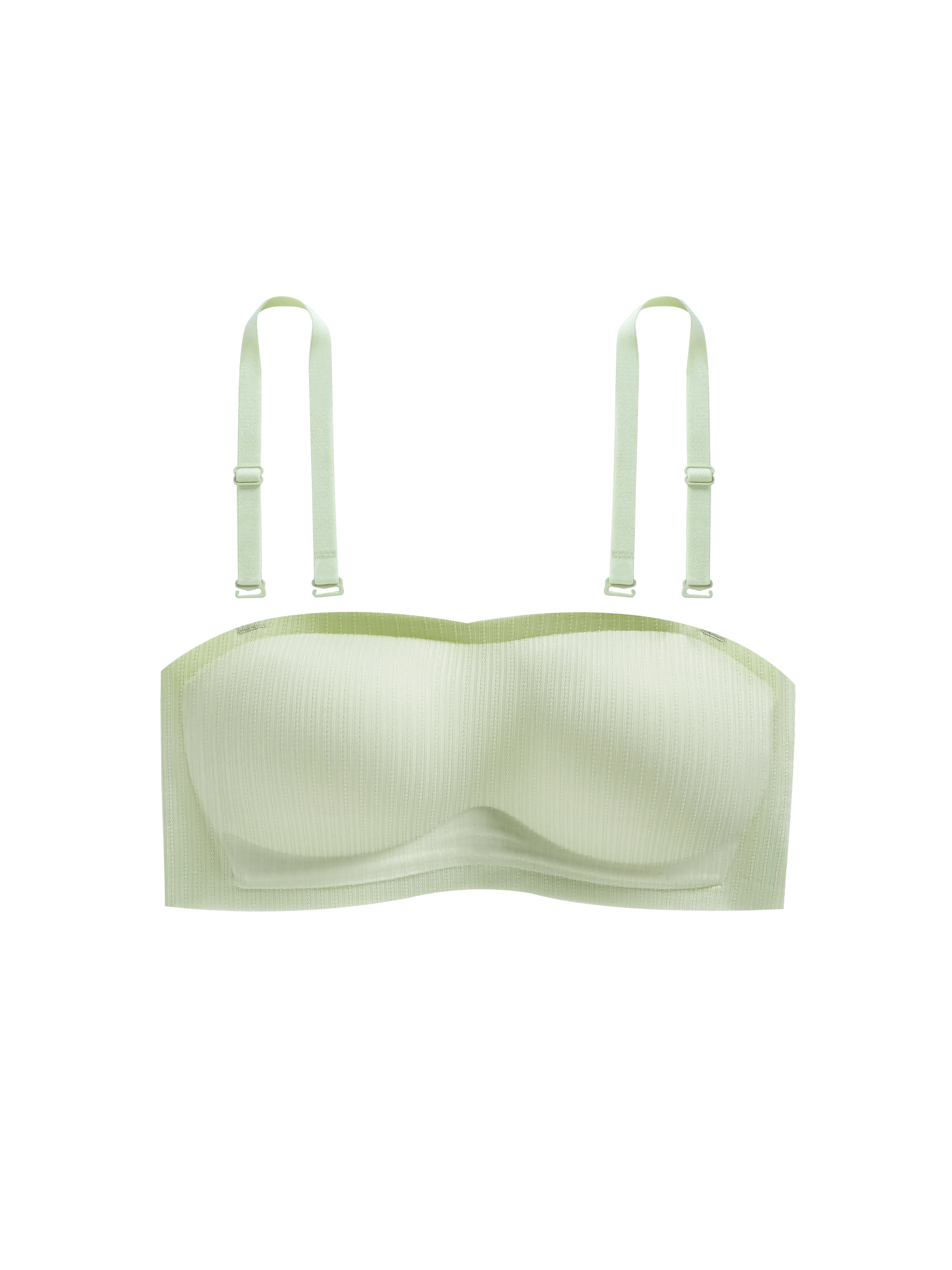 Vertical groove knit strapless bandeau bra with detachable, adjustable shoulder straps and built-in non-slip silicone strips; wire-free, seamless, lightweight support bandeau bra available in multiple pastel shades.