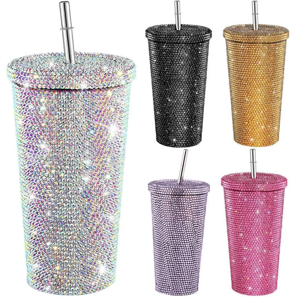 500ml Straw Cup With Lid Reusable Rhinestone Stainless Steel