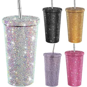 500ml Straw Cup With Lid Reusable Rhinestone Stainless Steel Water Bottles Portable Bottled