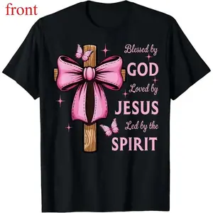 Blessed By God Loved by Jesus Pink Coquette Bow And Cross T-Shirt Made In USA For Women For Men [LunarLoop 180G/230G 100% cotton short-sleeve/hoodie, soft and comfortable]
