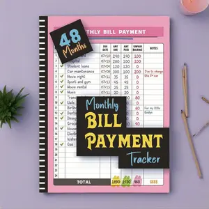 Monthly 48-Month Financial Management Journal, Pink Cover with Black Accents, Bill Tracker for Organizing Expenses, Finance Planning Tool