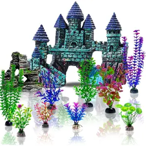 13 Pieces Aquarium Decorations Kit, Fish Tank Decorations Set Small Resin Castle and Rockery Betta Fish Cave Hideout Coral Artificial Plastic Plants Ornament Accessories