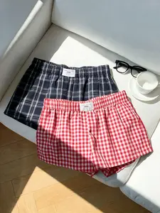 Women's Plaid Casual Elastic Shorts Set, Summer Comfortable Daily Wear, Home and Outdoors Versatile Shorts, Sleepwear, 2 Pieces