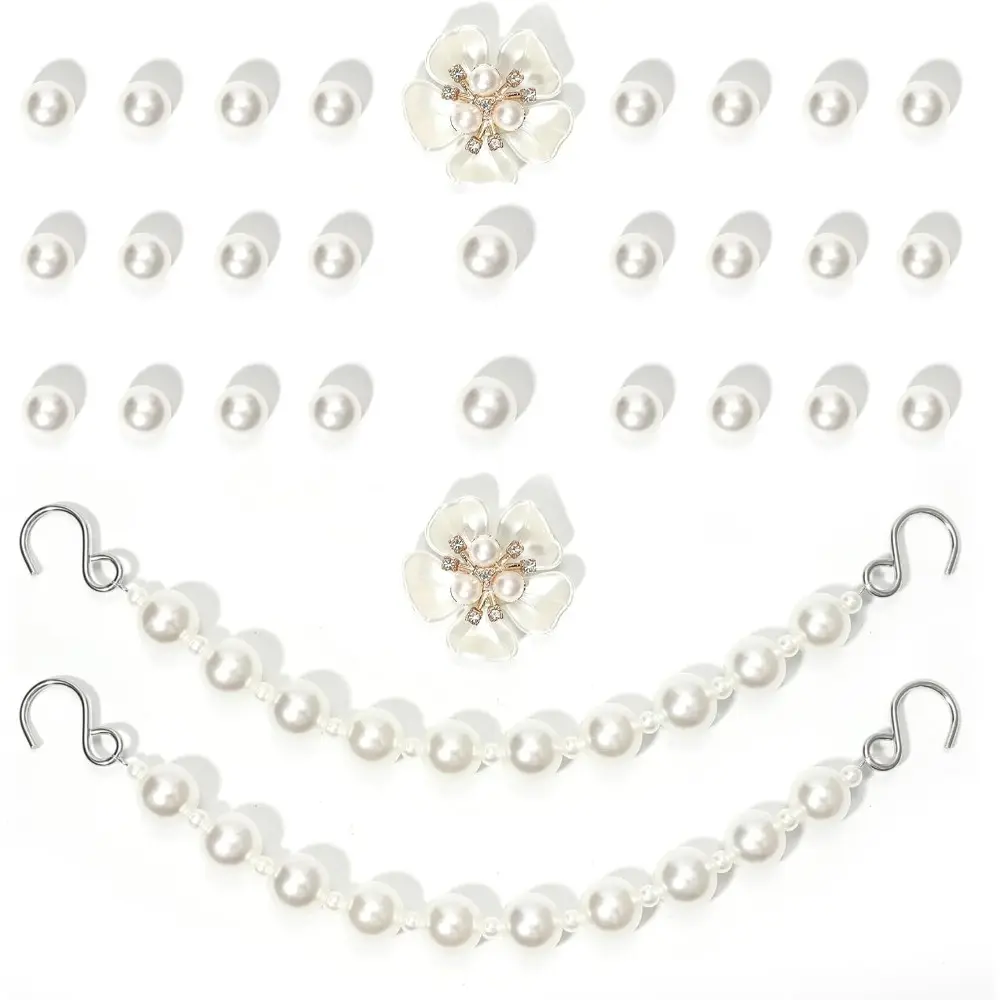 Women's 30-Piece Chic Pearl Bling Footwear Charms - DIY Decoration Kit with Floral Accents, Brightly Colored Colorblock Chains for Clog Sandals, Cute, Bling Pearls, For Most Shoes, Female Friends, High-Quality, Shoe, Acrylic Resin, 2 Pearl Chains