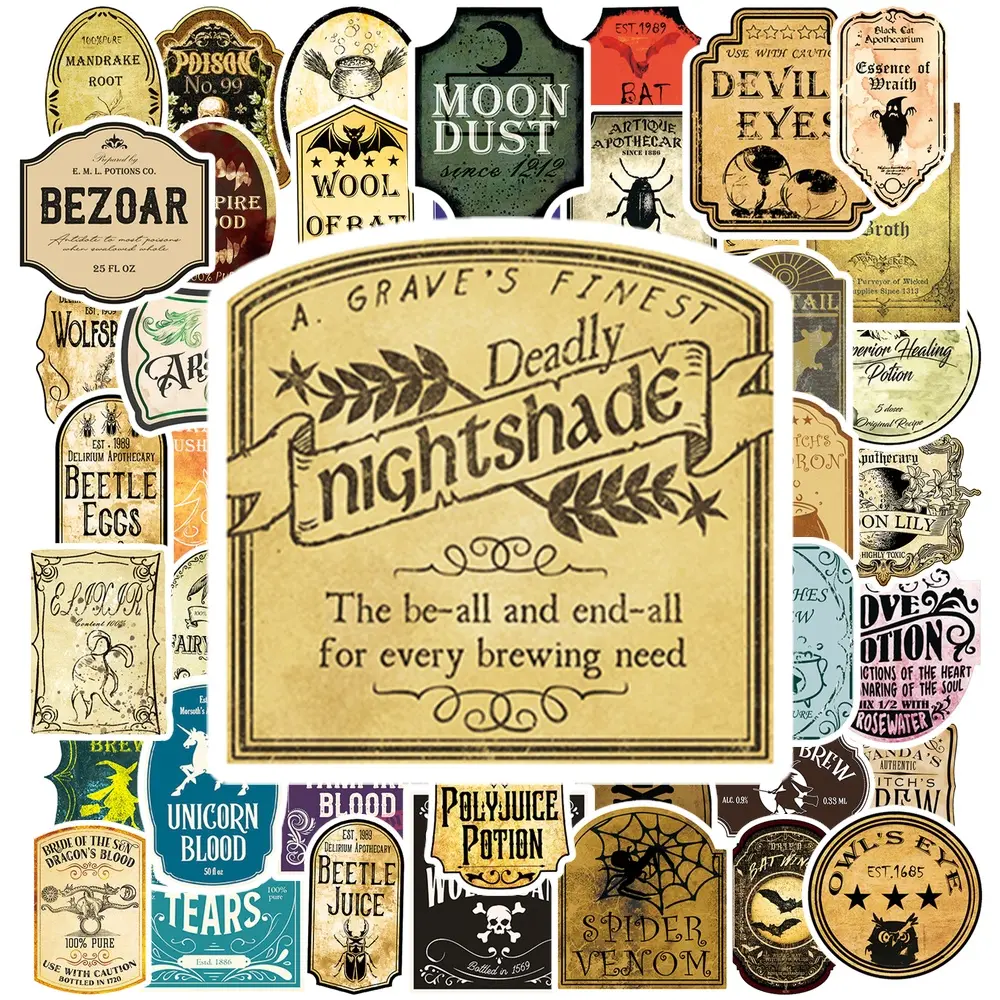 50PCS Vintage Witch Apothecary Stickers Pack, Gothic Potion Bottle Vinyl Decals, Dark Academia Aesthetic Stickers for Laptop Water Bottle Notebook Phone Case Car Decoration, Halloween Witchy Sticker Set for DIY Crafts #WitchyAesthetic #DarkAcademia
