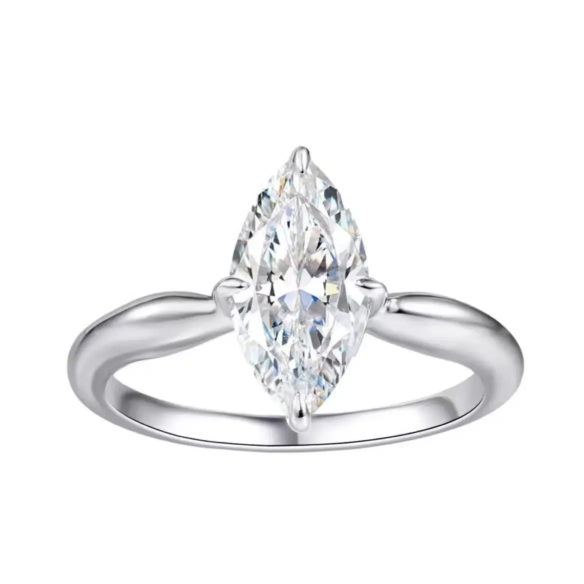 【1022】925 Silver Ring with 2CT Marquise White Synthetic Moissanite – Plain Band, Stackable as a 3-Piece Set