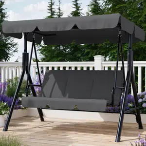 Gray Outdoor Porch Swing with Adjustable Canopy, 3-Seat Patio Swing Chair with Stand, Heavy Duty Outdoor Swing for Adults, Metal Frame Patio Swing for Garden, Backyard & Poolside