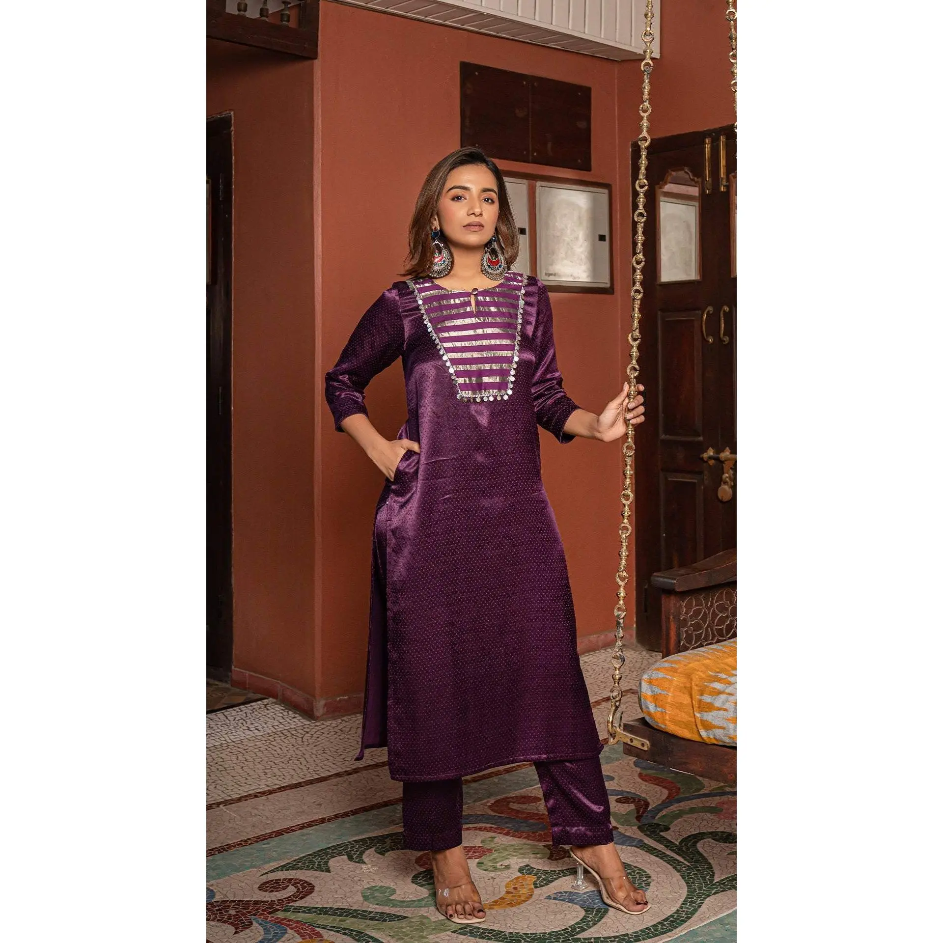 Fizza - Purple Pure Gajji Silk Kurta Set