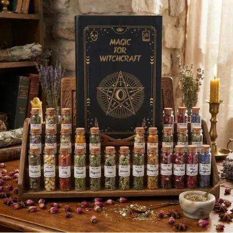 Unisex 45-Jar Deluxe Witchcraft Apothecary Chest Set - Black-Gold Altar Box with Corked Glass Bottles, Dried Lavender Floral Mix, Spiritual Self-Care Witchcraft Supplies for Christmas Spells, Beginner Gift