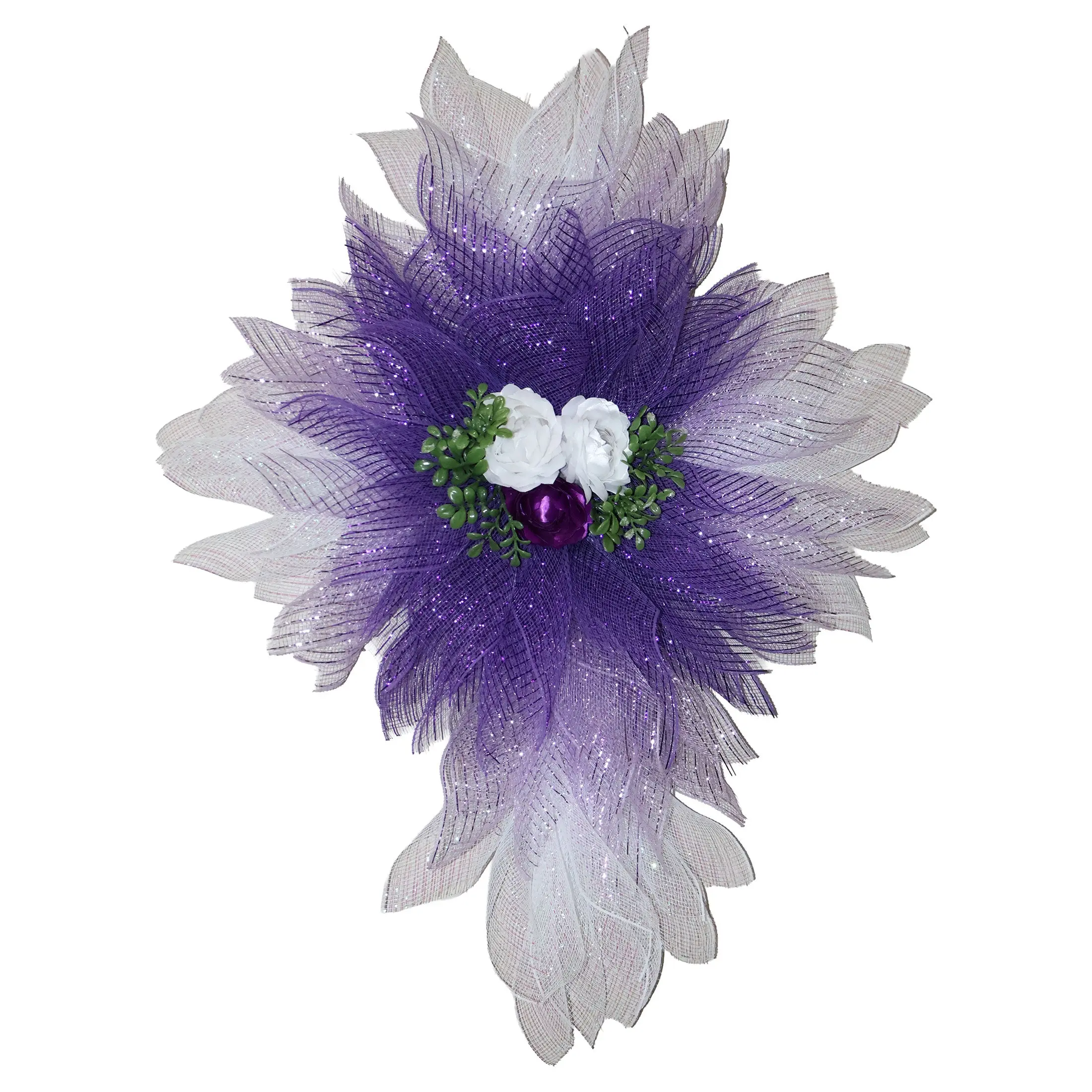Tri-Color Purple & White Deco Mesh Cross Wreath with Handmade Satin Flowers