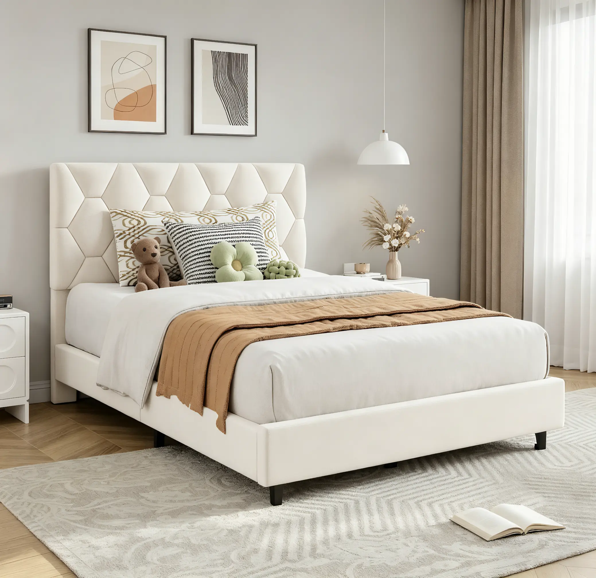 SA-Garvee Twin Bed Frame, Heavy Duty Platform Bed Frame with Upholstered Headboard & Strong Wood Slats, No Box Spring Needed/Noise Free/Easy Assembly, Beige