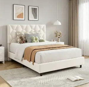 SA-Garvee Twin Bed Frame, Heavy Duty Platform Bed Frame with Upholstered Headboard & Strong Wood Slats, No Box Spring Needed/Noise Free/Easy Assembly, Beige
