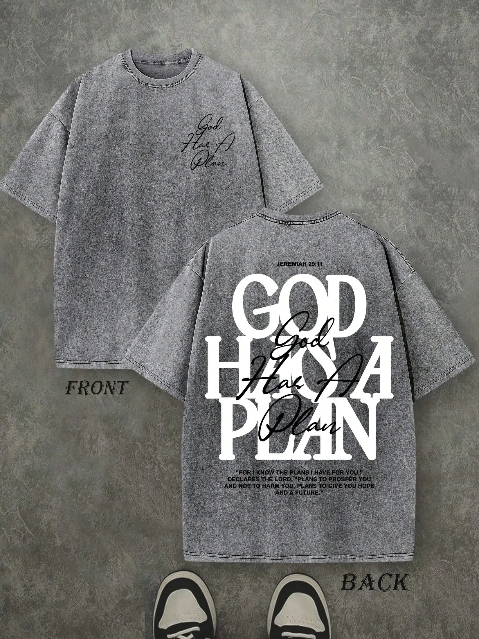 Vintage Washed "God Has a Plan" Double-Sided Print Tee | 230gsm Heavyweight Christian Streetwear, Unisex Wide-Shoulder Fit, High-Quality Cotton Casual Top for Men & Women